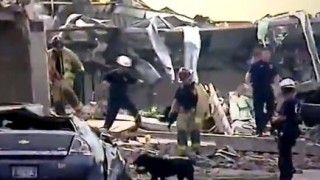 Bomberos con la ayuda de un perro buscan cuerpos entre los escombros.